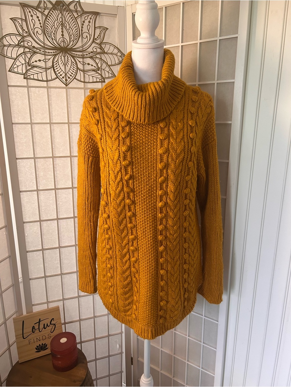 Talbots Petite Mustard Cable-Knit Cowl-Neck Tunic Sweater MP